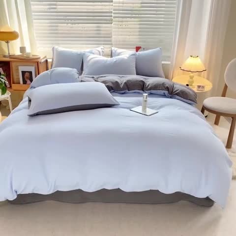 91家纺网 家纺一手货源 找家纺 雨帆家纺 2024新款简约亲肤水洗棉双拼四件套 水洗棉蓝灰