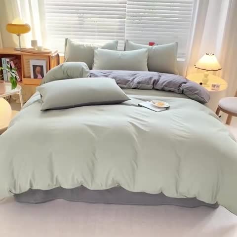 91家纺网 家纺一手货源 找家纺 雨帆家纺 2024新款简约亲肤水洗棉双拼四件套 水洗棉绿灰