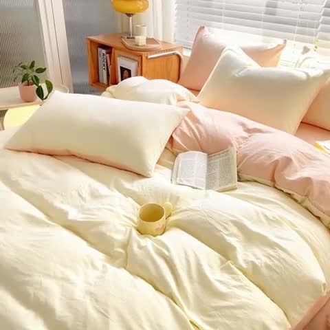 91家纺网 家纺一手货源 找家纺 雨帆家纺 2024新款简约亲肤水洗棉双拼四件套 水洗棉奶玉