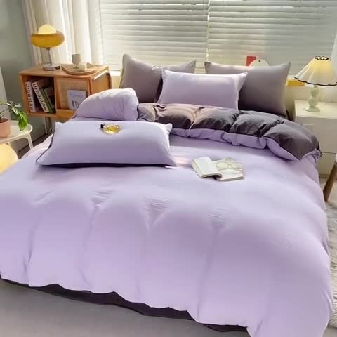 91家纺网 家纺一手货源 找家纺 雨帆家纺 2024新款简约亲肤水洗棉双拼四件套 水洗棉紫灰