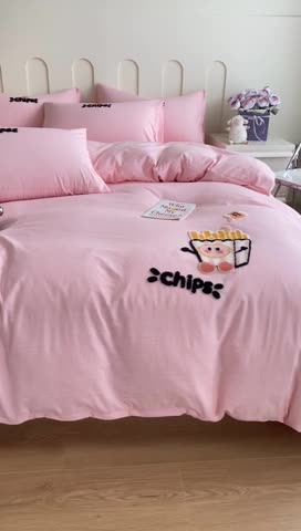 91家纺网 家纺一手货源 找家纺 优迈 2024新款超柔磨毛水洗棉毛巾绣四件套系列-风格二 薯条