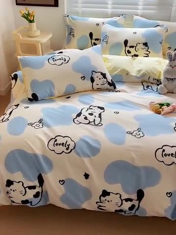 91家纺网 家纺一手货源 找家纺 西引力 2024新款全棉卡通印花四件套 奶牛猫