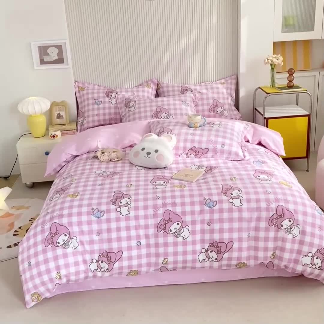 91家纺网 家纺一手货源 找家纺 锦润 2025新款三丽鸥正版授权系列印花全棉四件套粉格美乐蒂