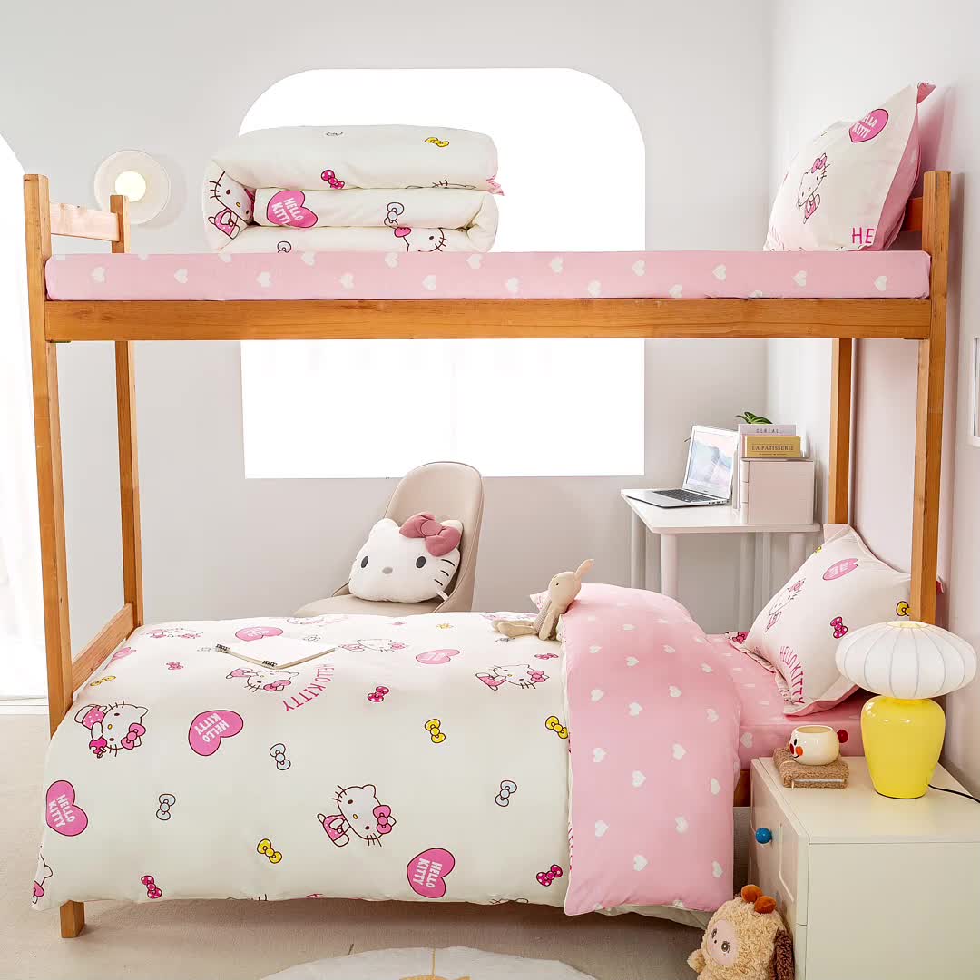 91家纺网 家纺一手货源 找家纺 锦润 2025新款三丽鸥系列印花学生三件套纯棉全棉三件套爱心KT猫