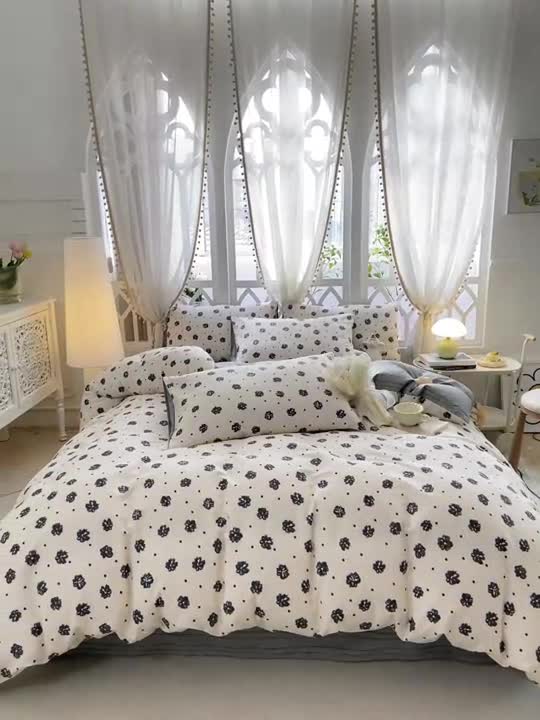 91家纺网 家纺一手货源 找家纺 宜家坊 2024新款全棉13070小清新印花四件套-拍摄二 黑白恋曲