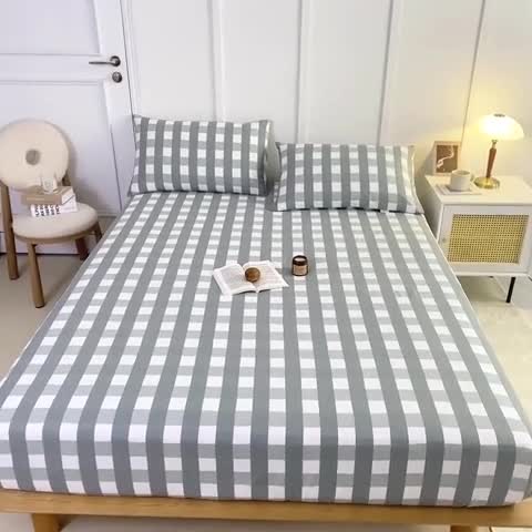 91家纺网 家纺一手货源 找家纺 九沐良品 新款全棉无印老粗布单品床笠+三件套 灰中格