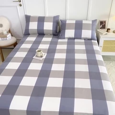 91家纺网 家纺一手货源 找家纺 九沐良品 新款全棉无印老粗布单品床笠+三件套 蓝大格