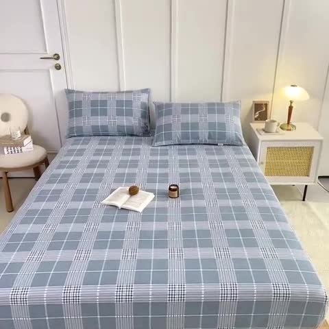 91家纺网 家纺一手货源 找家纺 九沐良品 新款全棉无印老粗布单品床笠+三件套 蓝条格