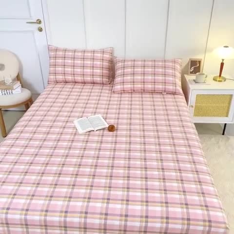91家纺网 家纺一手货源 找家纺 九沐良品 新款全棉无印老粗布单品床笠+三件套 莫妮卡（粉）