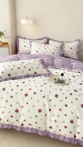 91家纺网 家纺一手货源 找家纺 上尚居 2024直播爆款卡通小清新韩版花边公主风水洗棉磨毛四件套小葡萄