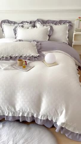 91家纺网 家纺一手货源 找家纺 布可家纺 2025新款泡泡纱水洗双层边四件套-欢乐颂系列 欢乐颂-奶灰