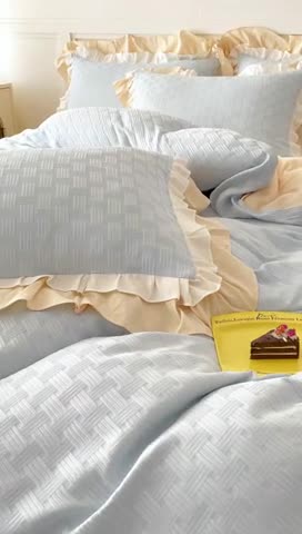 91家纺网 家纺一手货源 找家纺 布可家纺 2025新款泡泡纱水洗双层边四件套-欢乐颂系列 欢乐颂-蓝