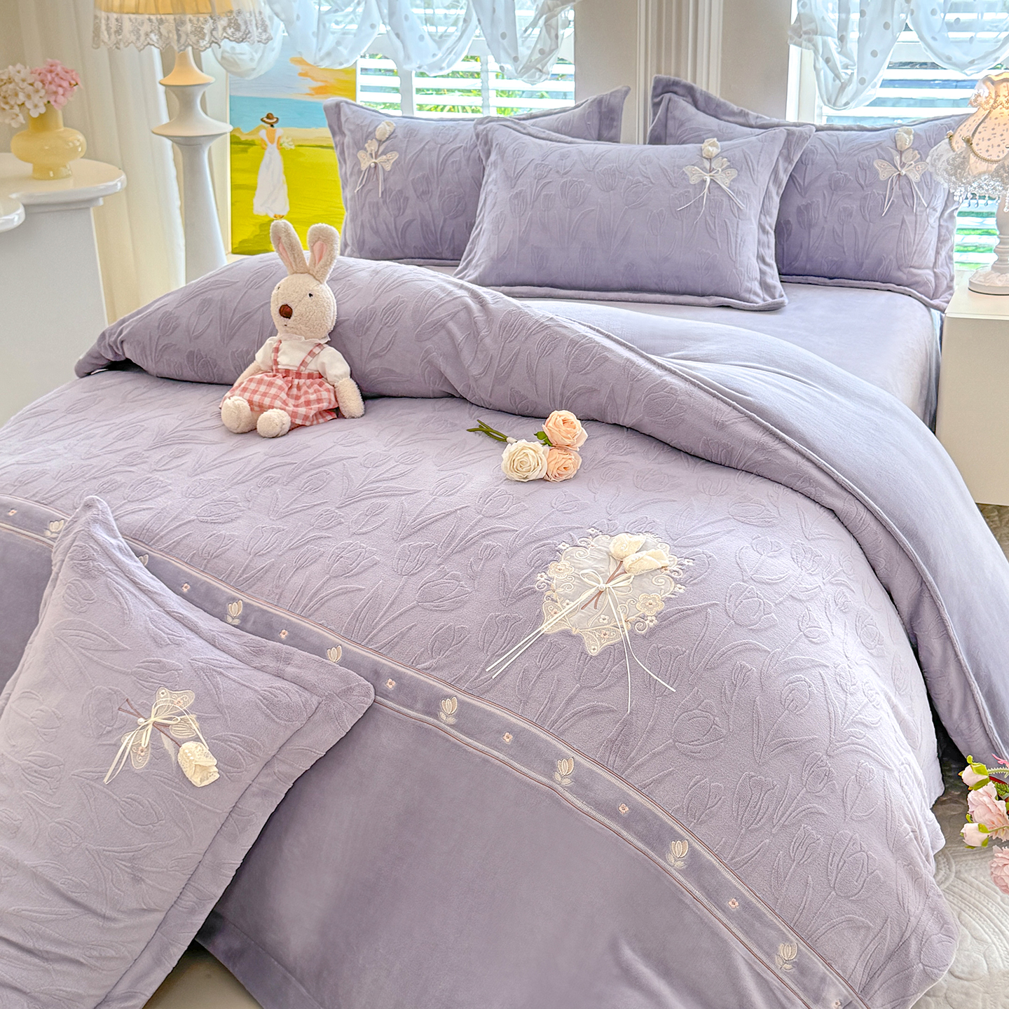2025新款韩版全消光雕花绒工艺四件套牛奶绒-郁金之恋系列