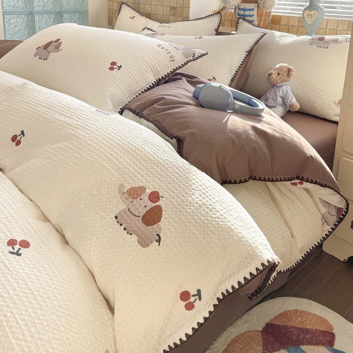 2026新款A类全棉纯棉水洗华夫格贝壳绣四件套