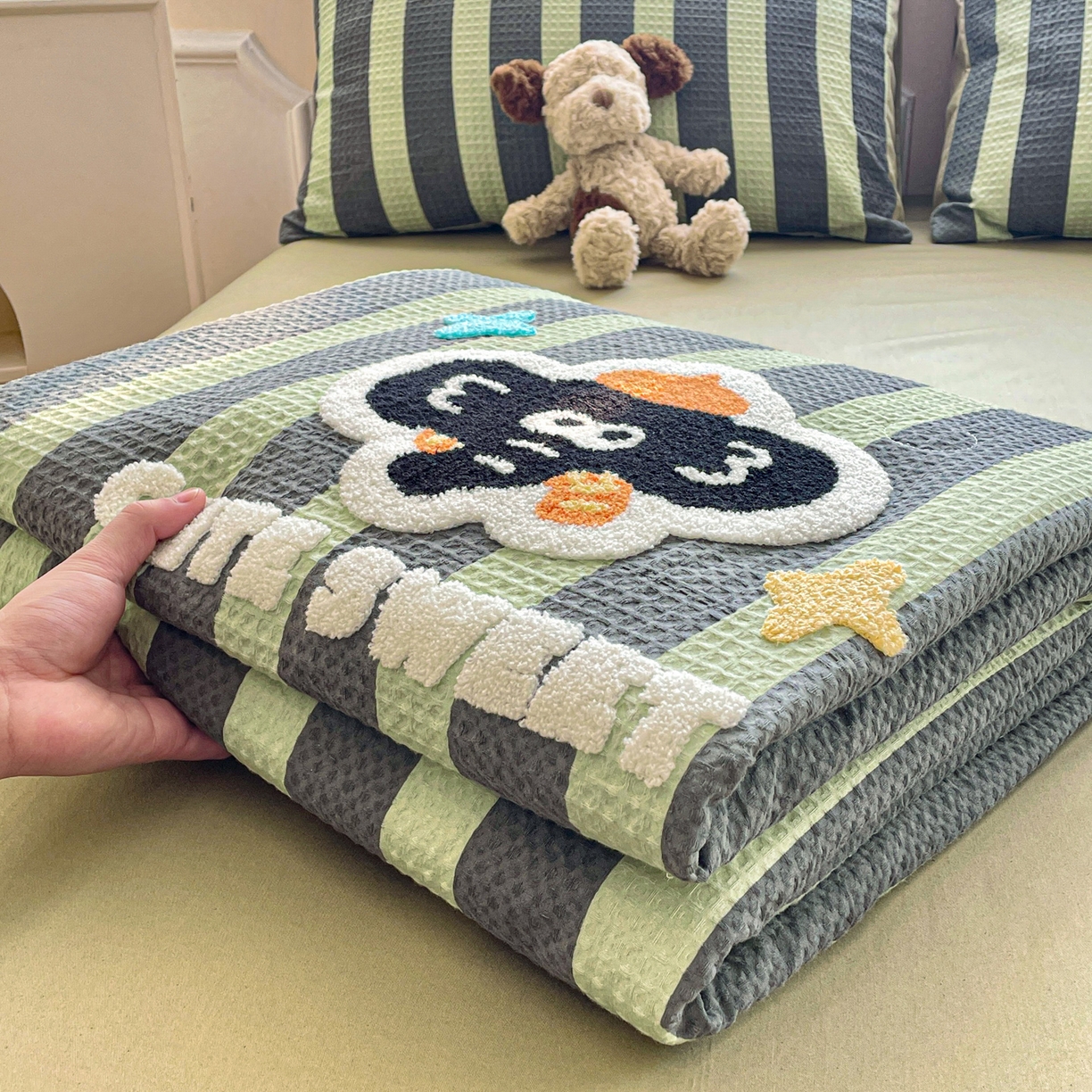 2026春夏新款全棉A类水洗华夫格毛巾绣大豆夏被夏凉被空调被四件套系列