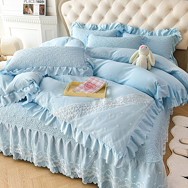 91家纺网 家纺一手货源 找家纺 （总）2025春夏新款A类母婴级双层纱棉麻蕾丝花边床盖四件套—安妮系列