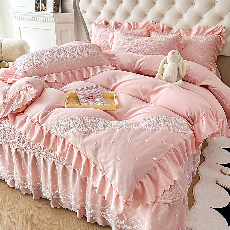 91家纺网 家纺一手货源 找家纺 （总）2025春夏新款A类母婴级双层纱棉麻蕾丝花边床盖四件套—安妮系列