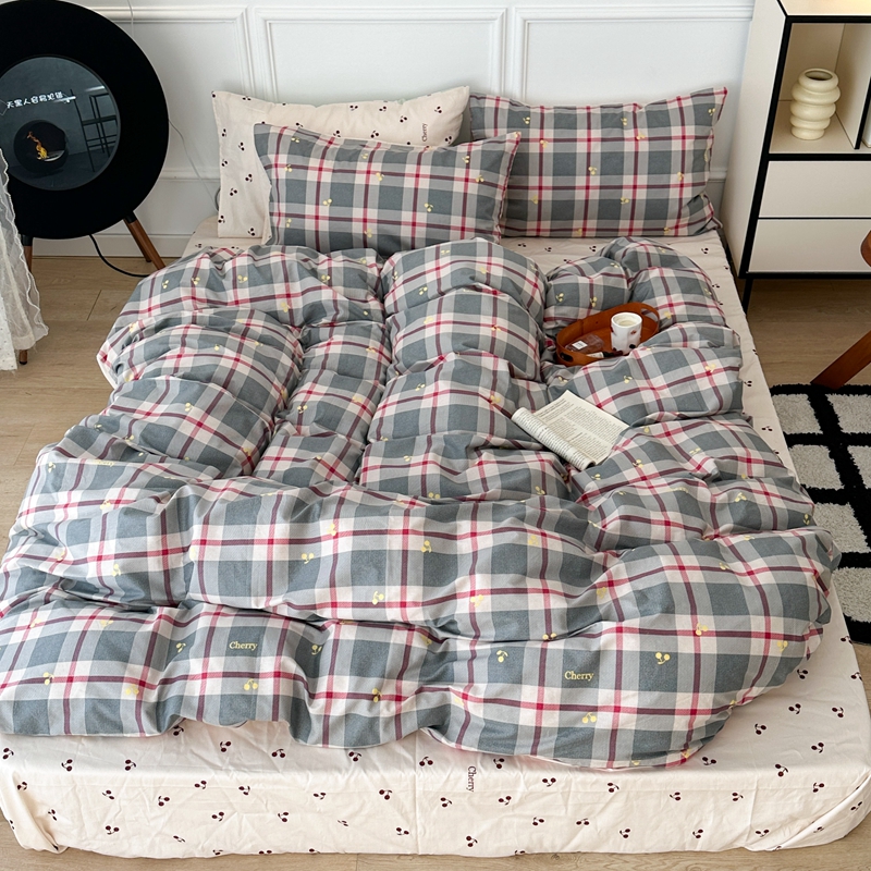昔可 2024新款全棉格子元素四件套  蓝格樱桃